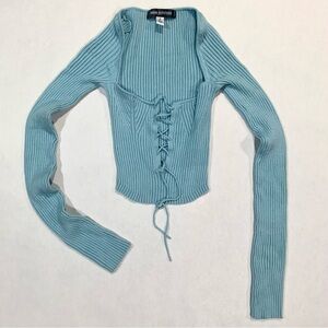 Light Blue Lace-Up Ribbed Top